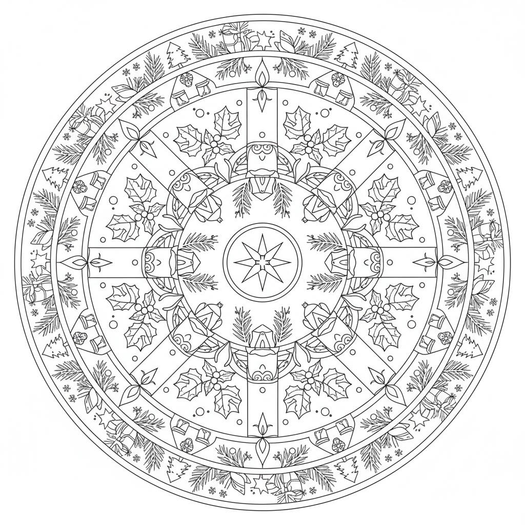 Gyertyákkal és adventi motívumokkal díszített kör alakú mandala – nyomtatható színező felnőtteknek