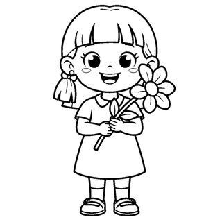 Anyák napi színező gyerekeknek - Kislány egy szál virággal a kezében rajz