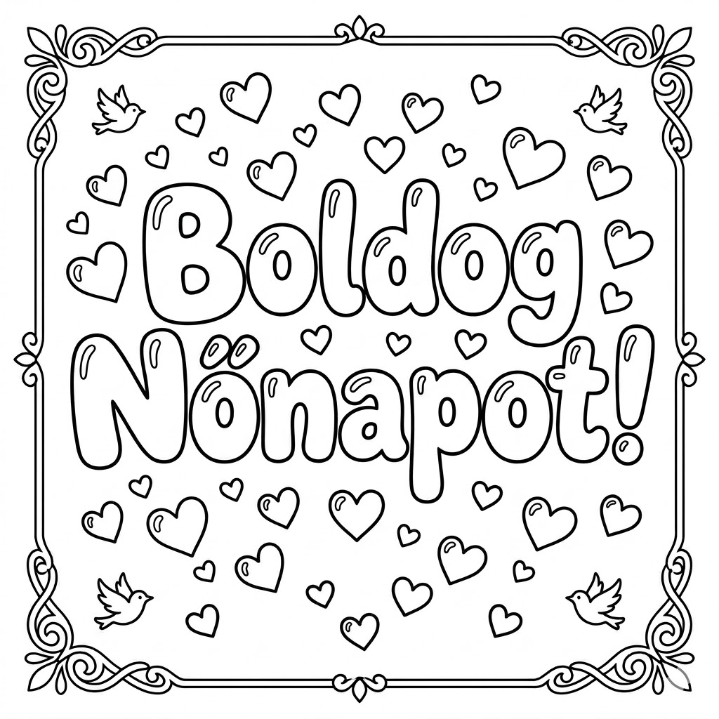 Boldog Nőnapot szívecskés felirat színező