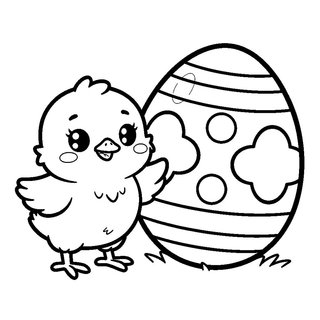 Cuki kiscsibe áll egy hímes tojás mellett húsvéti színező ovisoknak