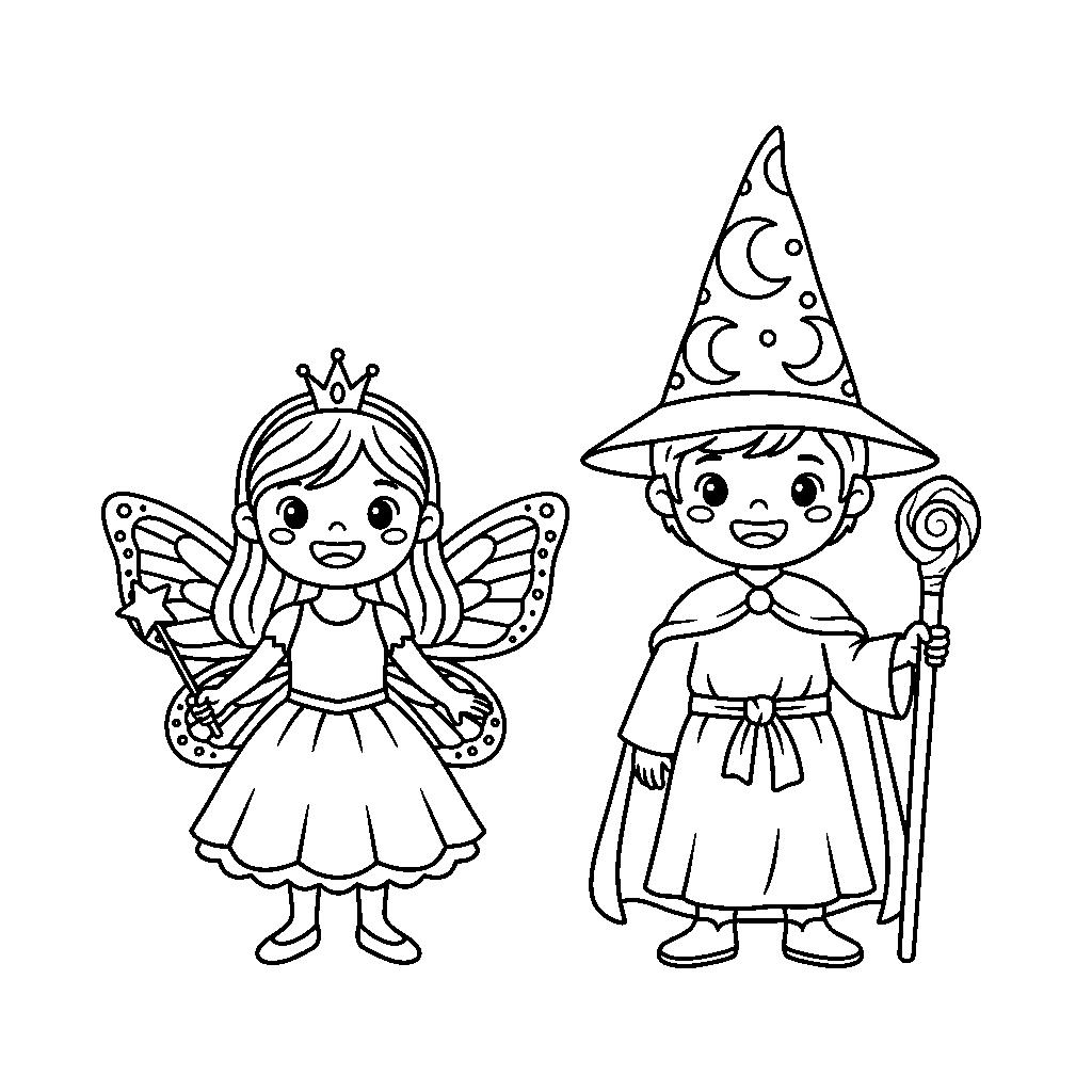 Farsangi jelmezes gyerekek színező - Tündér és Varázsló