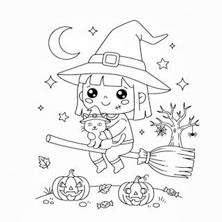 Nyomtatható és letölthető halloween színező - aranyos boszi és cicája