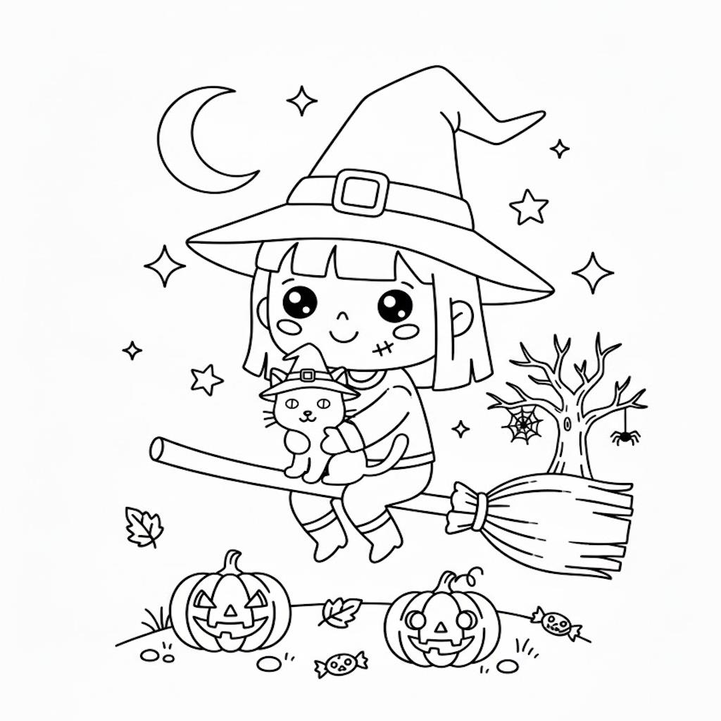 Nyomtatható és letölthető halloween színező - aranyos boszi és cicája