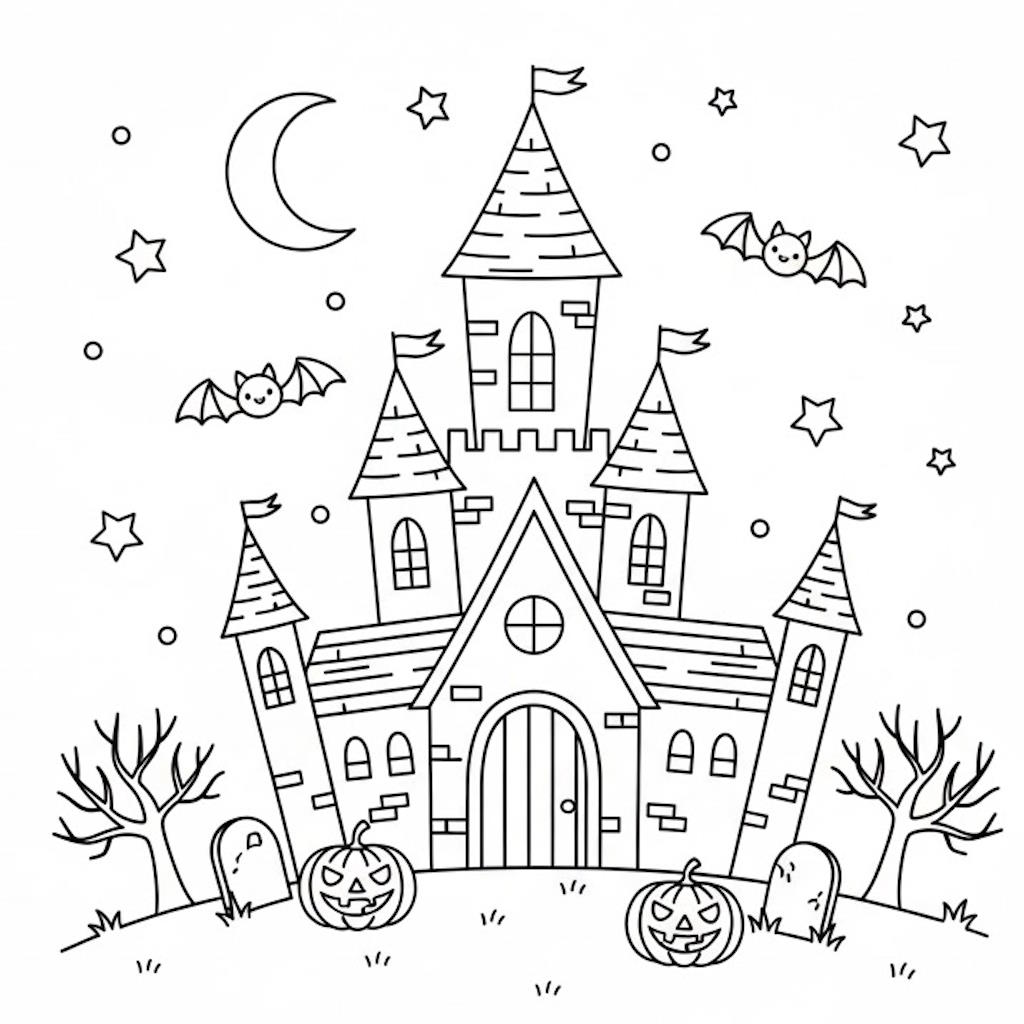 Nyomtatható Halloween színező gyerekeknek - kísértetkastély és denevérek