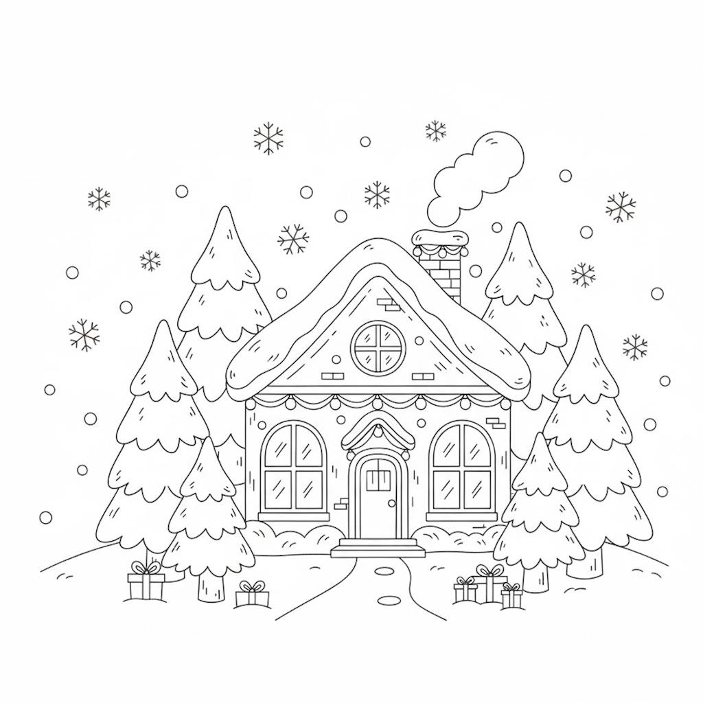 Havas karácsonyi ház rajz gyerekeknek - ünnepi színező