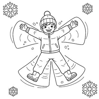 Hóban fekvő hóangyalt készítő gyerek téli színező