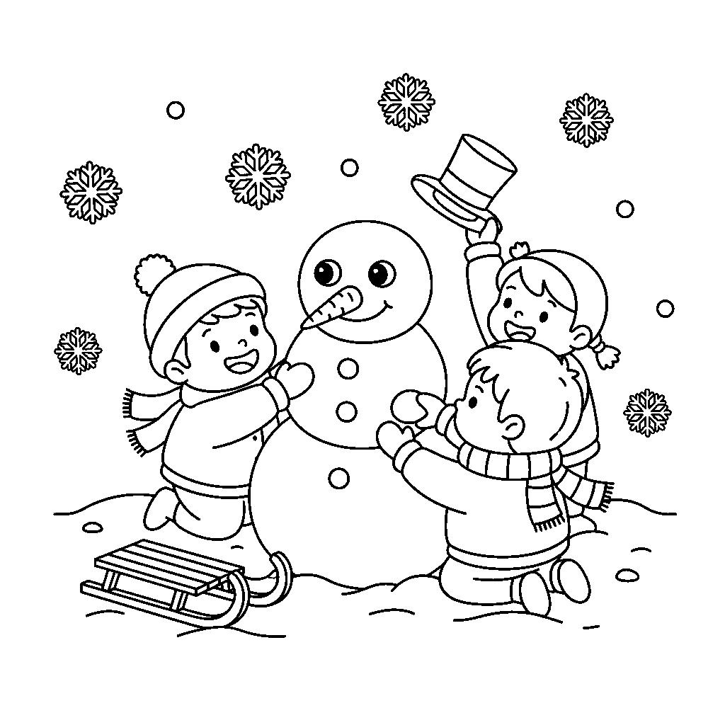 Hóembert építő gyerekek téli kifestő - Vidám rajz