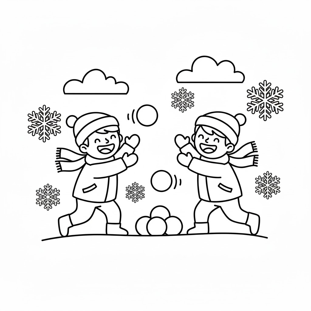 Hógolyózó gyerekek téli kifestő kicsiknek