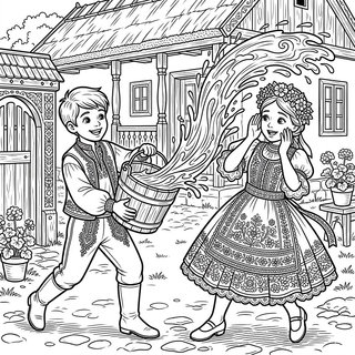 Falusi locsolkodás jelenete népviseletben színező nagyobbaknak