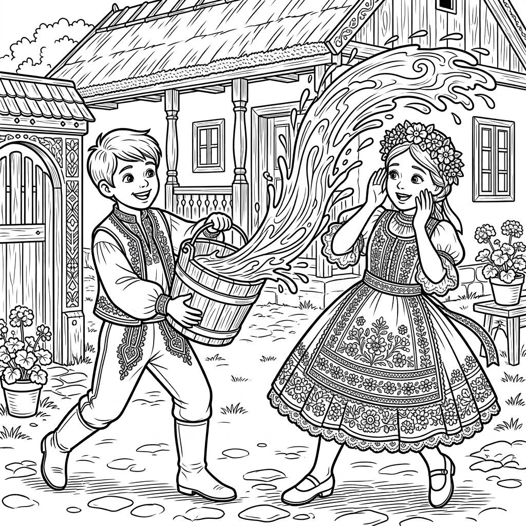 Húsvéti locsolkodás falusi módra - Színező nagyobbaknak