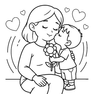 Virágot tartó kisfiú puszit ad anyukájának