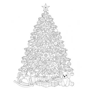 Nyomtatható karácsonyfa színező iskolásoknak – ajándékokkal és hintalóval