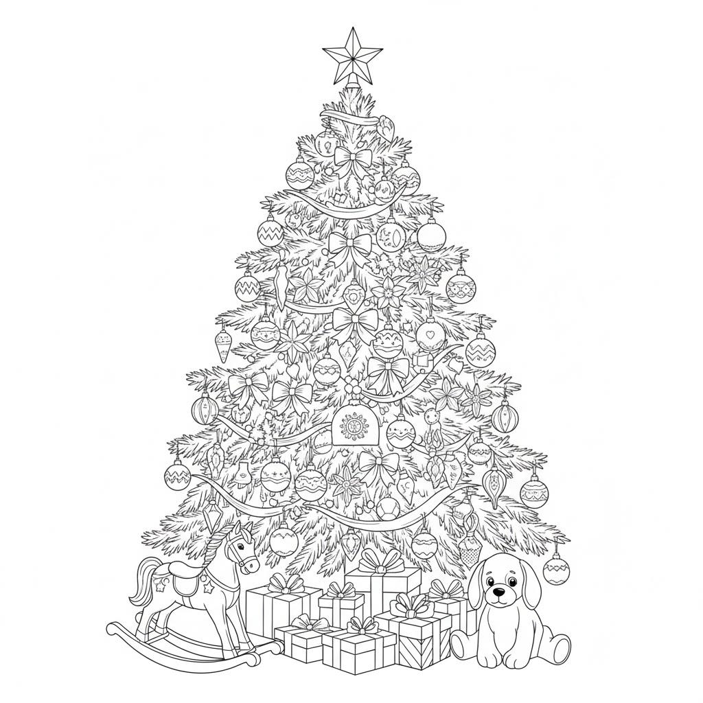 Nyomtatható karácsonyfa színező iskolásoknak – ajándékokkal és hintalóval