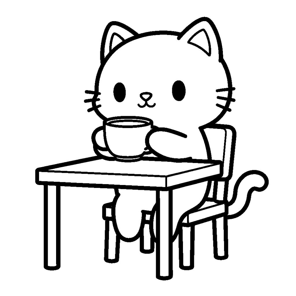 Kávézó cica kawaii színező óvodásoknak
