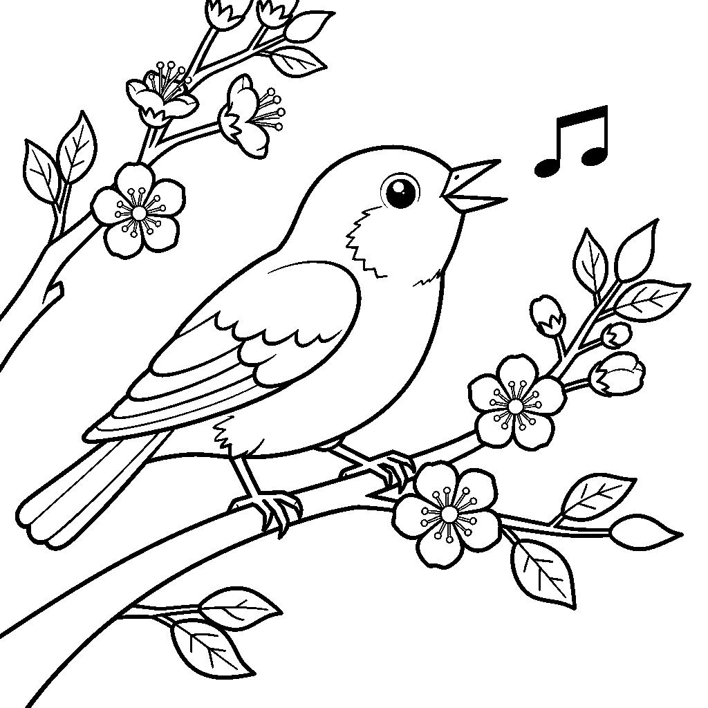 Kismadár virágos ágon - Tavaszi nőnapi színező