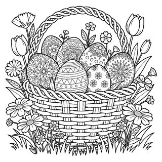 Kosár húsvéti tojásokal a tavaszi réten részletes kifestő