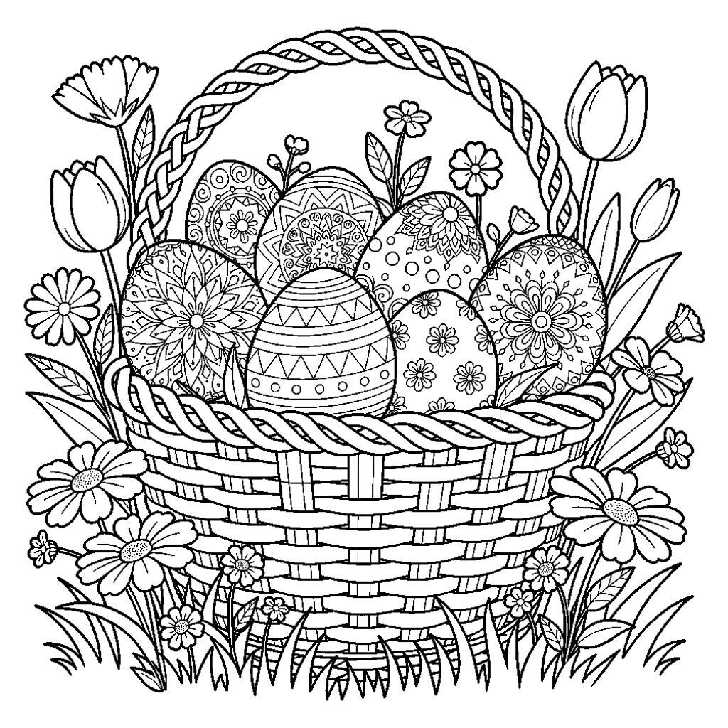 Egy kosár húsvéti tojás a tavaszi réten - Részletes kifestő