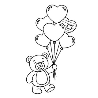 Mackó szív alakú lufik csokrával