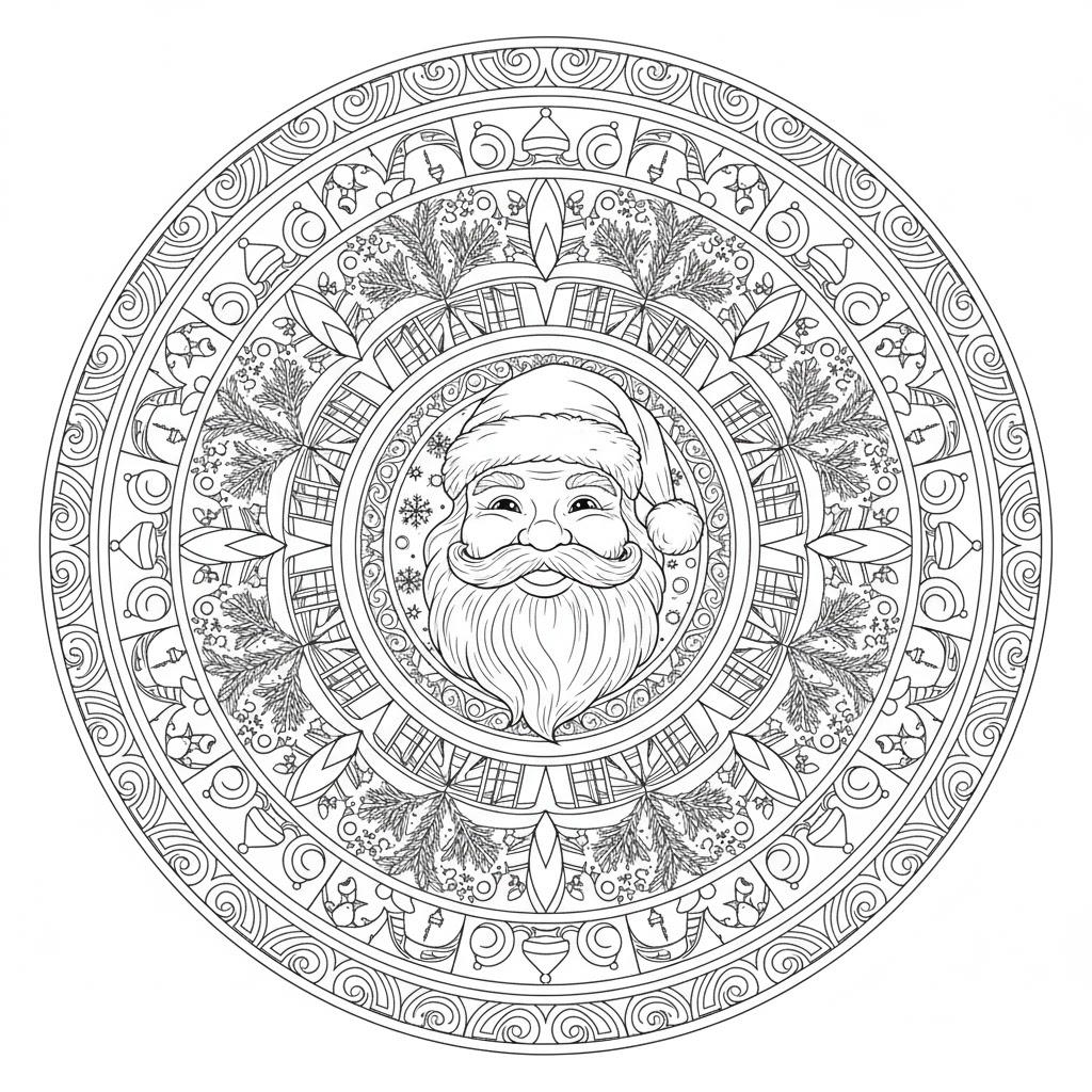 Részletes Mikulás mandala felnőtteknek – ünnepi mintákkal díszített színező