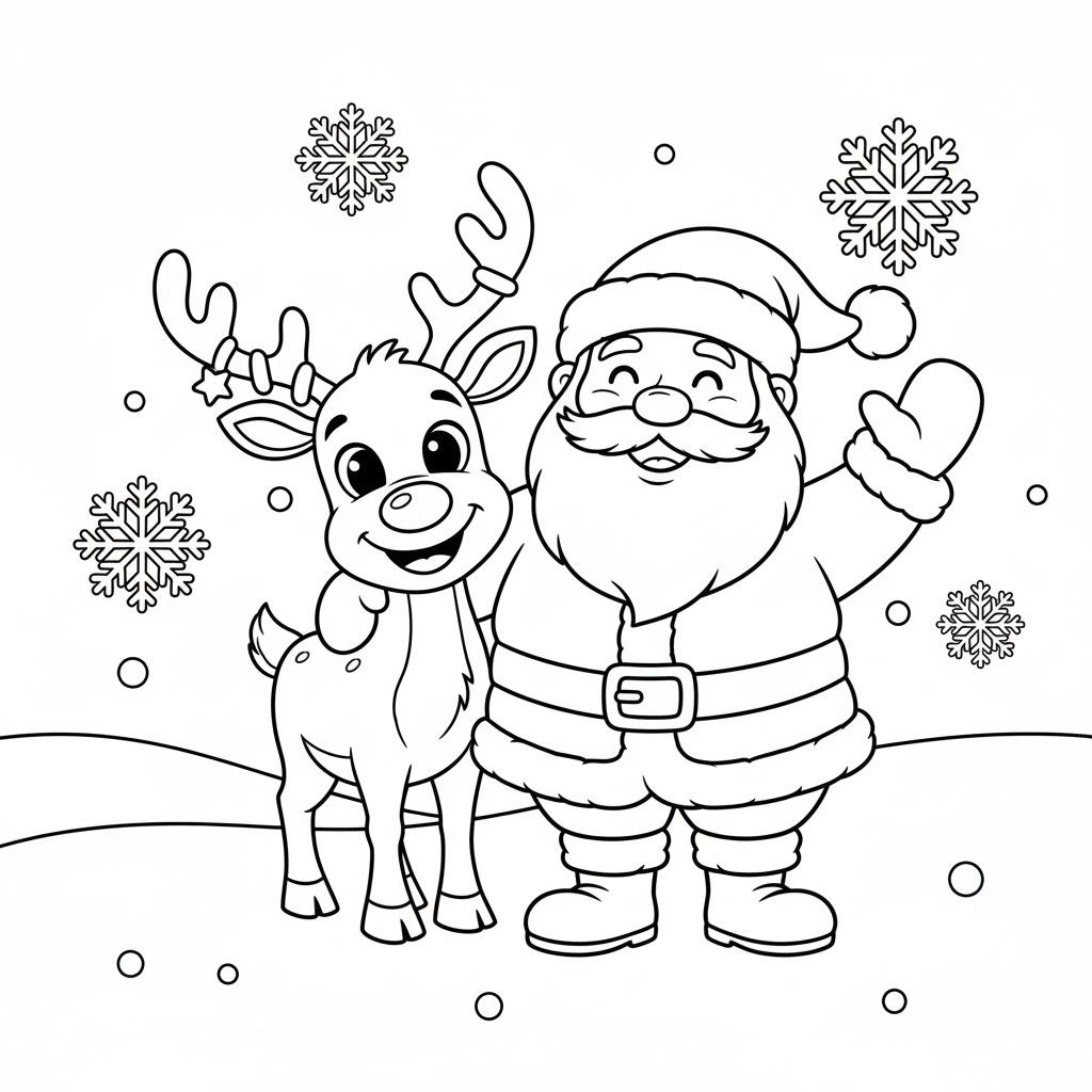 Mikulás és egy cuki rénszarvas a hóesésben – nyomtatható színező gyerekeknek