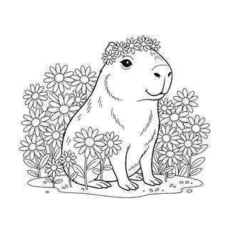 Virágkoszorús mosolygós capybara a réten nyomtatható színező lányoknak