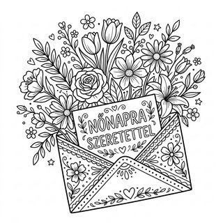 Borítékból kijövő virágok és felirat nőnapra