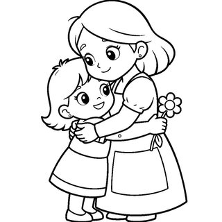 Nyomtatható anyák napi színező A4 - Kislány virággal megöleli az anyukáját