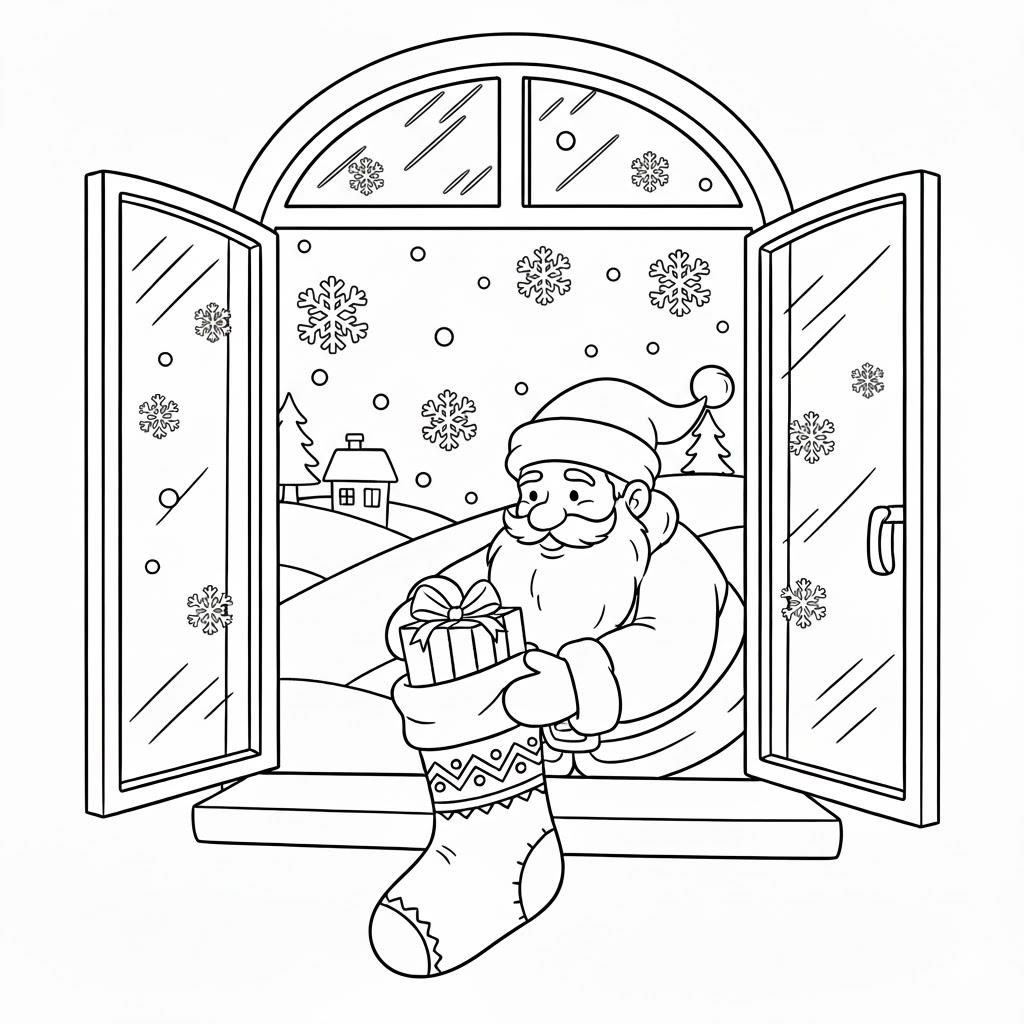 Nyomtatható télapó színező gyerekeknek – Télapó ajándékot rejt az ablakban lévő csizmába