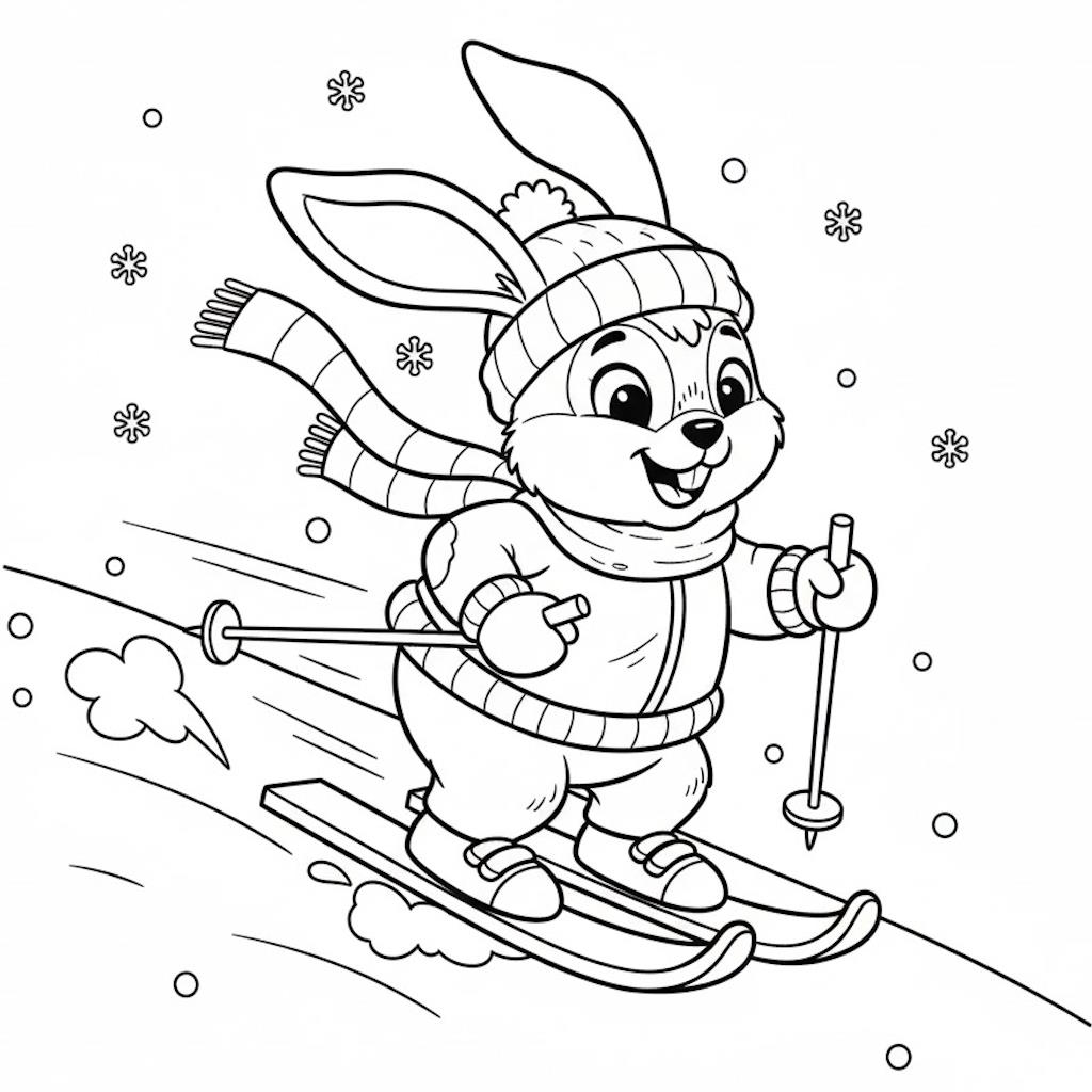 Nyomtatható téli kifestő nyuszis gyerekeknek – mókás nyuszi síel a havon