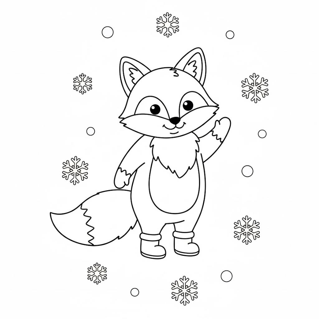 Cuki róka csizmában áll a szállingózó hópelyhek között – nyomtatható téli színező ovisoknak