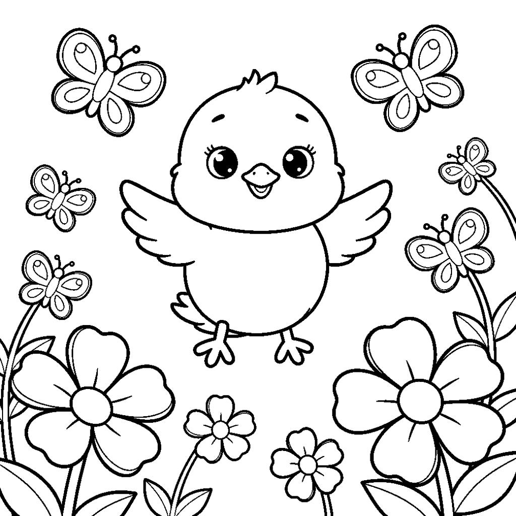 Repülő húsvéti csibe pillangókkal színező ovisoknak