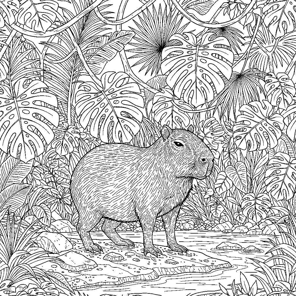 Részletes capybara a dzsungelben színező felnőtteknek