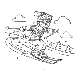 Hegyoldalon síelő gyerek téli kifestő gyerekeknek