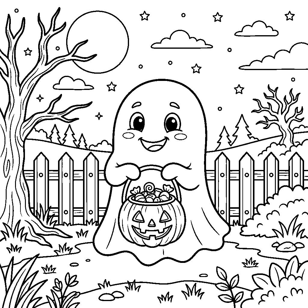 Szellem cukorkás vödörrel - Halloween kifestő