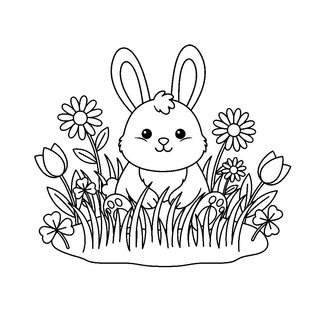 Virágos réten ülő tavaszi nyuszi