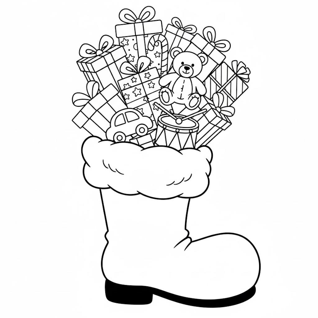 Télapó csizma tele ajándékokkal – nyomtatható színező gyerekeknek