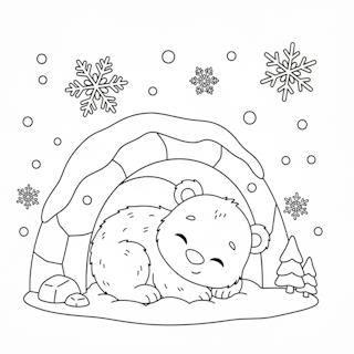 Macis téli kifestő gyerekeknek – aranyos maci alszik a barlangjában, miközben kint esik a hó