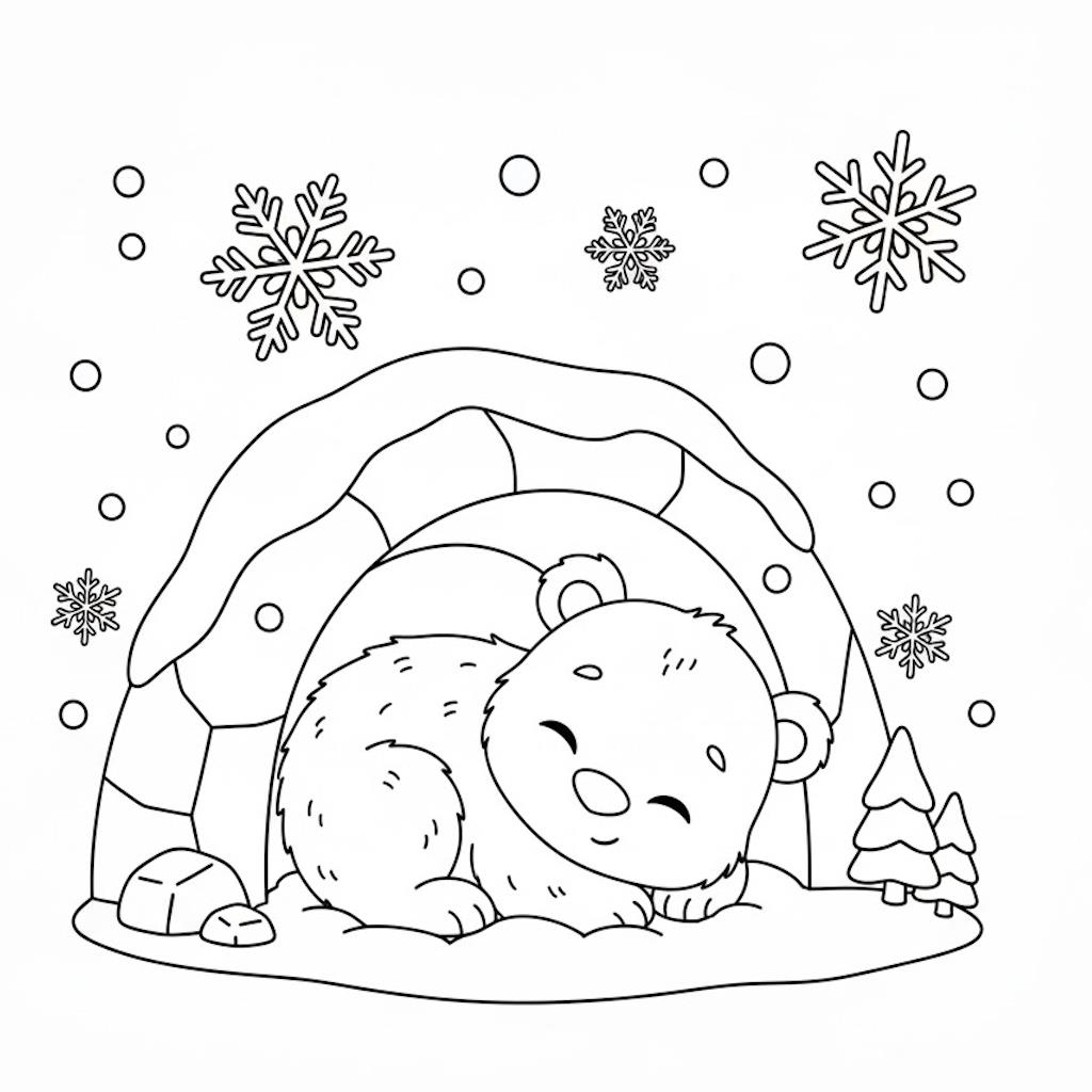 Aranyos maci alszik a barlangjában, miközben kint esik a hó – nyomtatható téli kifestő gyerekeknek