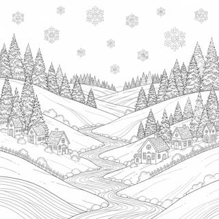 Téli színező felnőtteknek havas tájjal – domboldalak, házikók, fenyők és hóesés