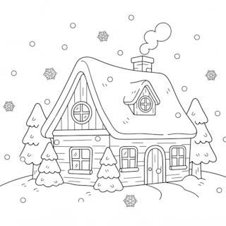 Nyomtatható téli színező gyerekeknek házikóval – hófödte ház fenyőfákkal és hóeséssel