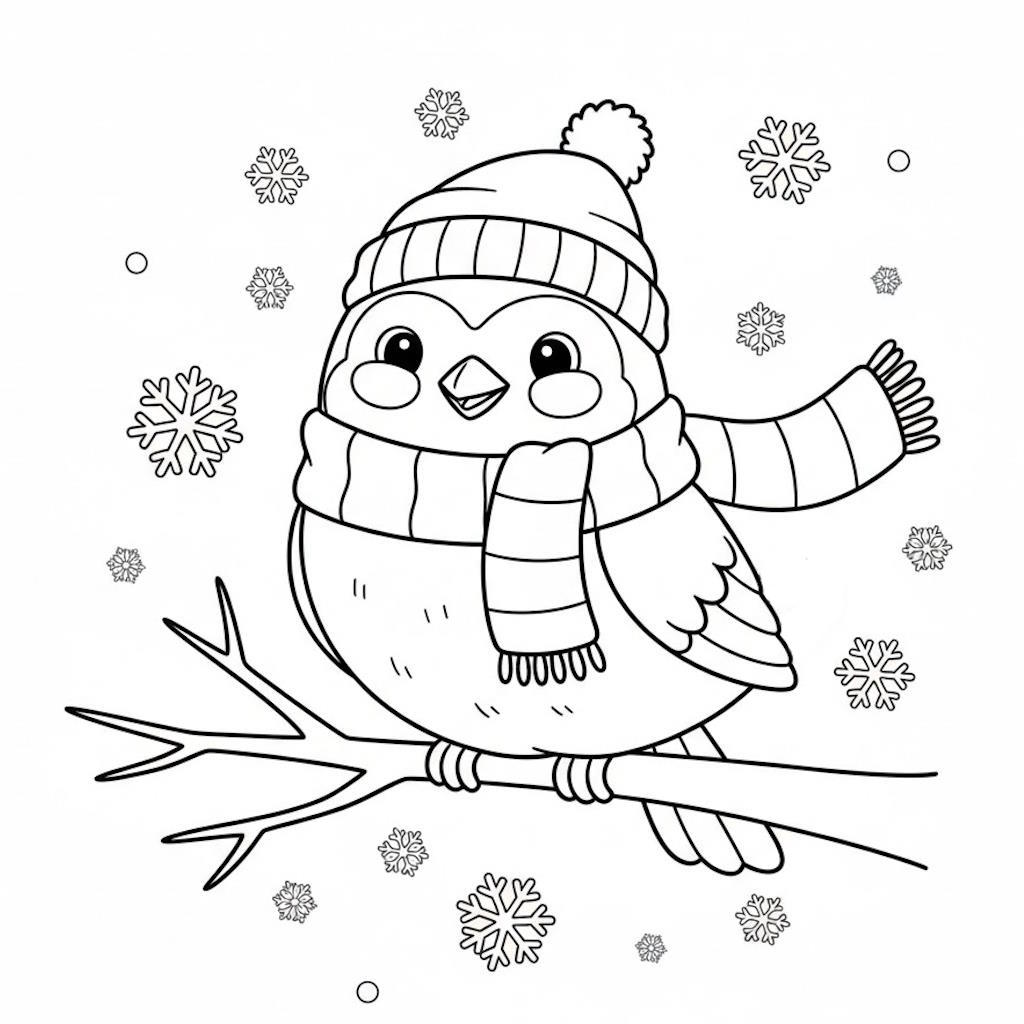 Cuki cinege sapkában és sállal egy ágon a téli hóesésben – nyomtatható színező gyerekeknek