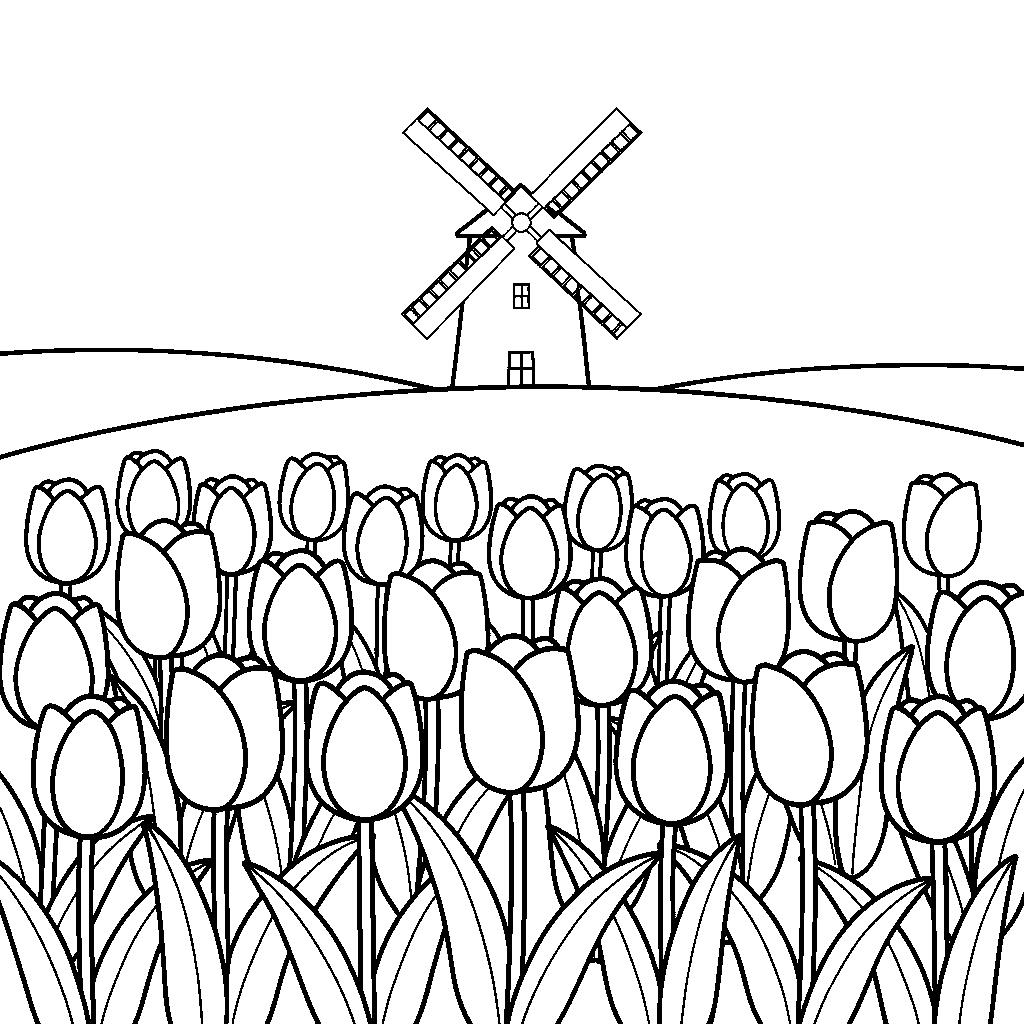 Tulipánmező szélmalommal - Tájképes színező