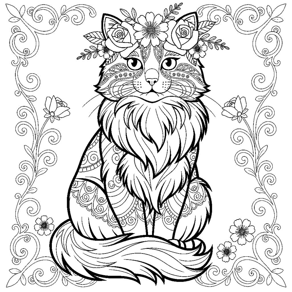 Virágkoszorús cica - Díszes színező